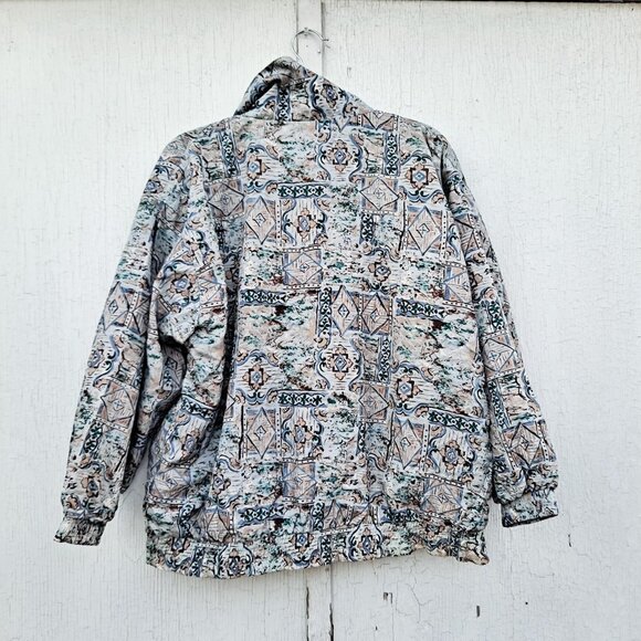 Vintage 1980s Retro Nylon Windbreaker Jacket Large Abstract Print Grey Blue - Picture 9 of 9